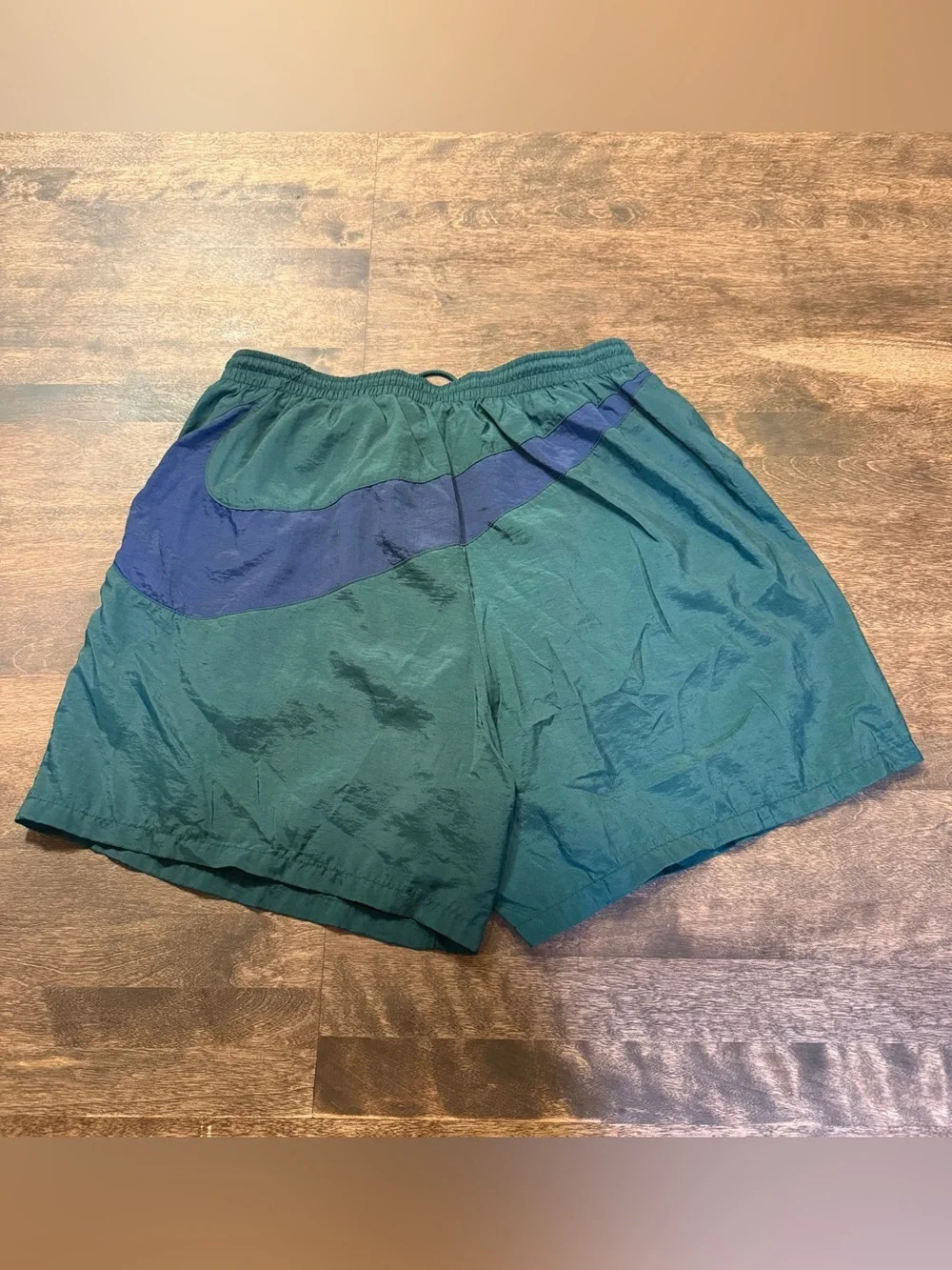 Vintage 90s Nike White Tag Big Nike Swoosh Men's Green and Navy Swim Shorts